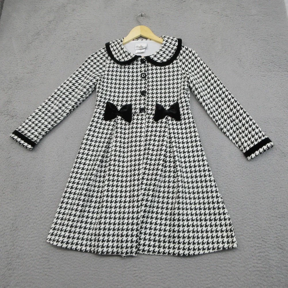 Rare Editions Houndstooth Coat Girls 12 Black White Velvet Bow Winter Dressy